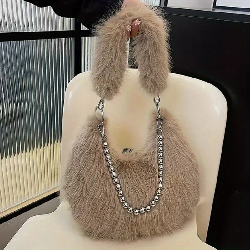 Luxurious Faux Fur Tote Bag Chic Underarm Shoulder Bag Stylish Handbag & Purse with Pearl Chain Strap, Polyester Lined Interior.