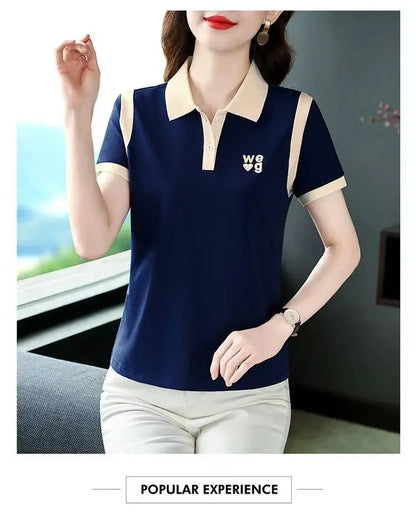 Sporty Short Sleeve Polo Shirt for Women Summer Fashionable Hong Kong Style Top Slim Fit Mixed Fabric Trendy T-Shirt