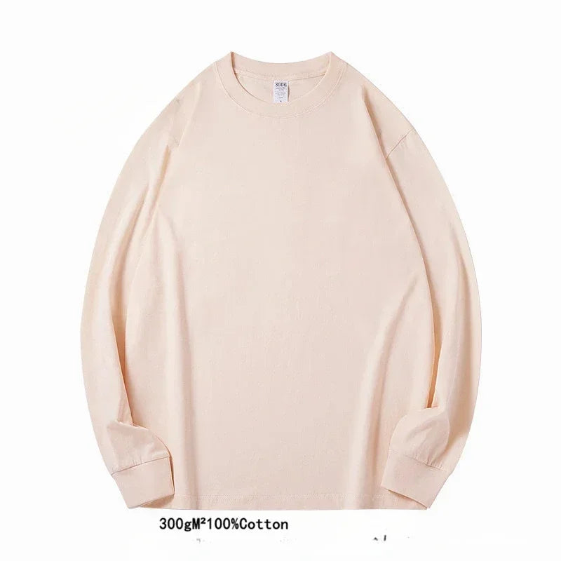 Spring Autumn 300g Heavy-duty Pure Cotton Long Sleeved  T-shirt FLoose White Top Thick Base Layer Underneath for Men and Women