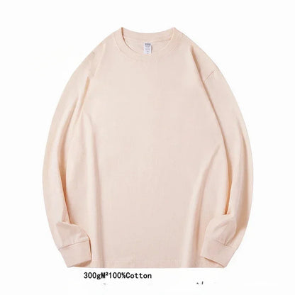 Spring Autumn 300g Heavy-duty Pure Cotton Long Sleeved  T-shirt FLoose White Top Thick Base Layer Underneath for Men and Women