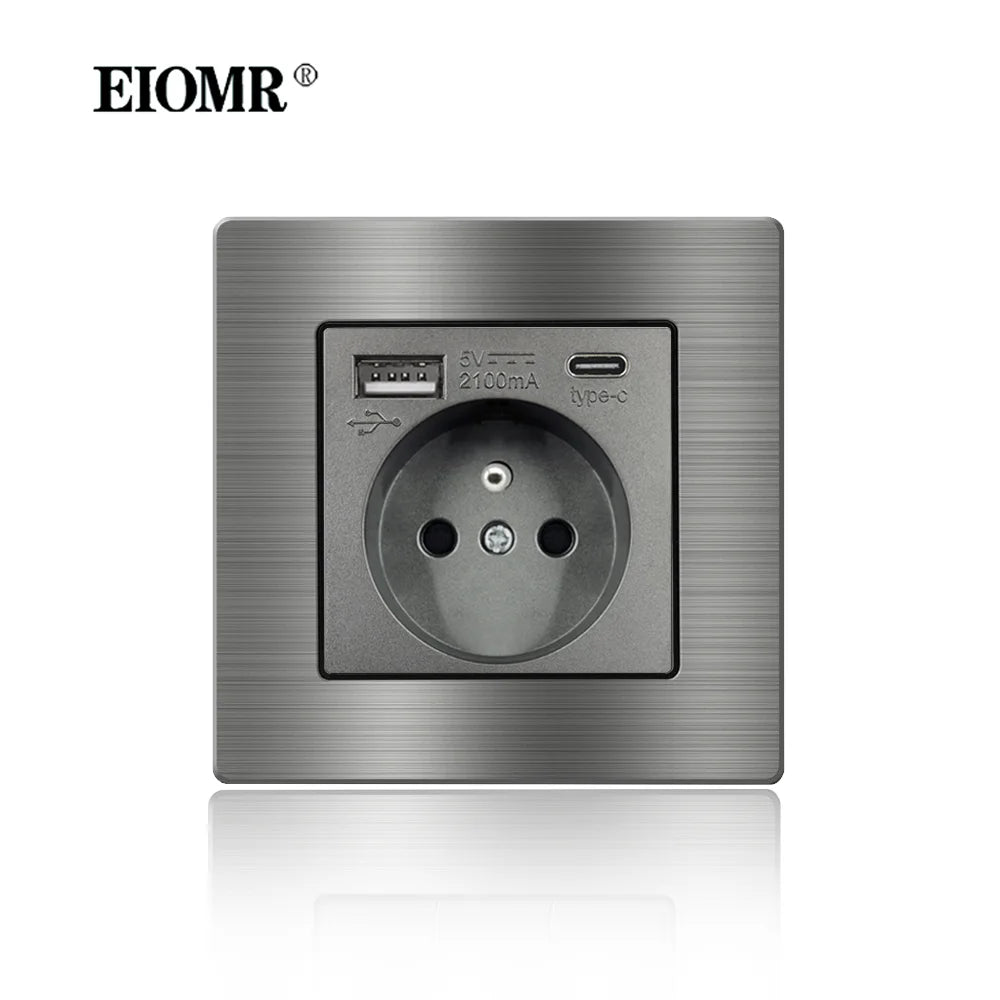 EIOMR Frankreich Standard-Steckdose, graue Aluminiumlegierung, Lichtschalter, RJ45, Fernseher, 220 V, 16 A, Wandsteckdosen für Haushaltsgeräte