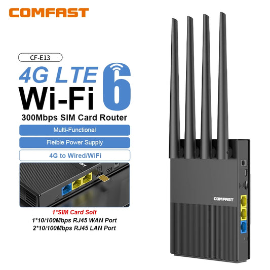 comfast WiFi6 4G LTE Cat.4 SlM Card wireless Router 300Mbps 2.4G 4 Antennas PlugPlay  Outdoor Portable Internet wireless Router.