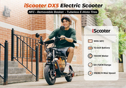 iScooter DX5 Electric Motorcycle 1500W Motor 48V15.6AH With Basket Cargo Ebike 15 inch Fat Tire with NFC Adult Electric Scooter.