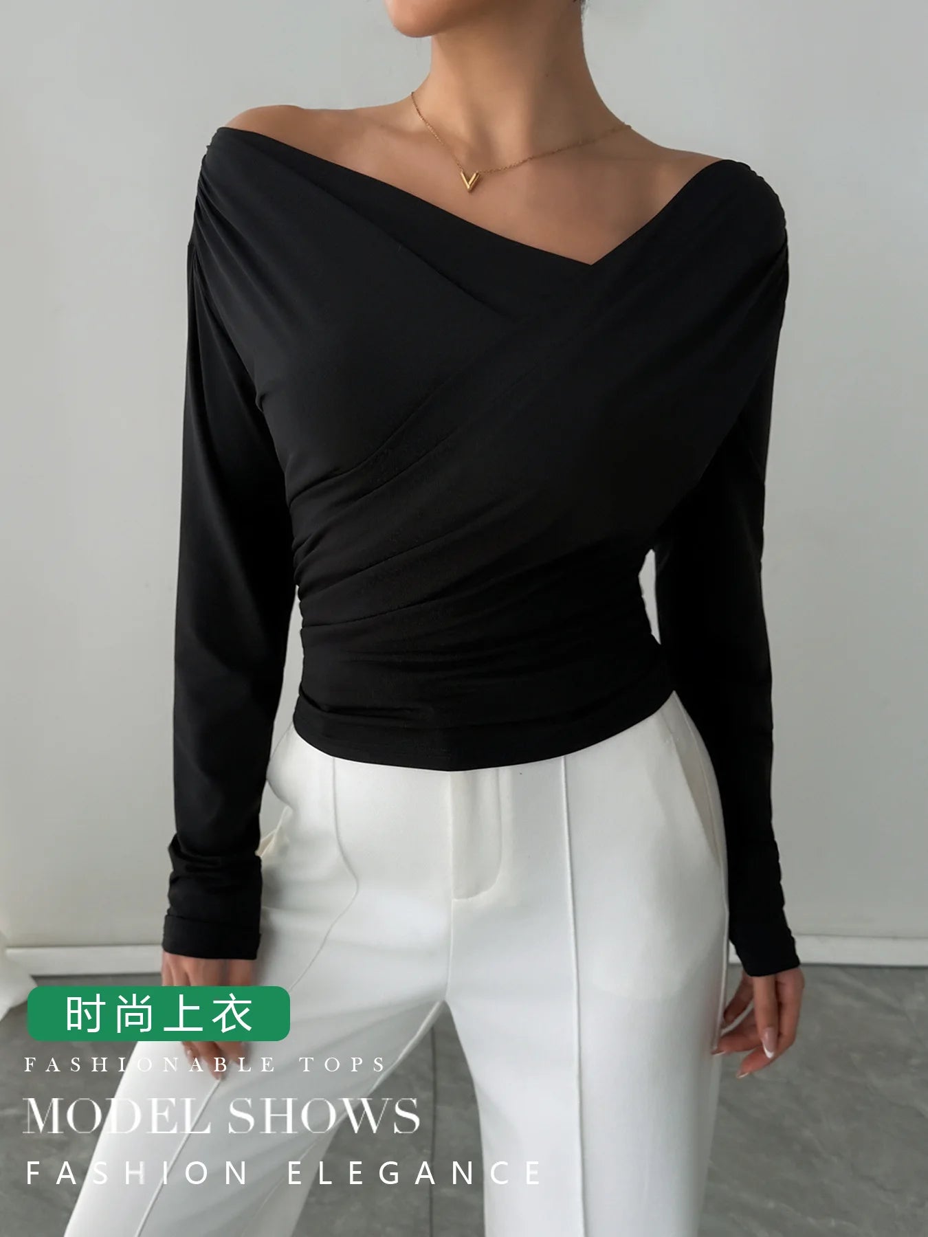 Phantasy New Solid Color Top Fashion Slant Shoulder Collar Shoulder Slimming Long Sleeve Commuter Top Vestido Elegant Tops.