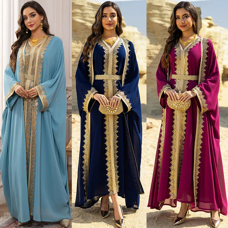 Eid Frauen Abaya Kleid Muslim 2-teiliges Set Strickjacke mit Innenkleid Schnürmantel Kaftan Robe Jalabiya Ramadan Marokko Kaftan 2025.
