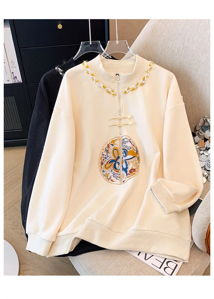 150kg Plus Size Damen büste Frühling Herbst lose neue chinesische Stil Sweatshirt lang ärmel ige geknöpfte Top 5xl 6xl 7xl 8xl 9xl.