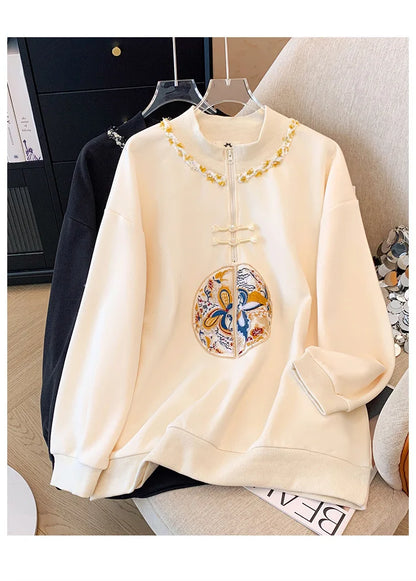 150kg Plus Size Damen büste Frühling Herbst lose neue chinesische Stil Sweatshirt lang ärmel ige geknöpfte Top 5xl 6xl 7xl 8xl 9xl.