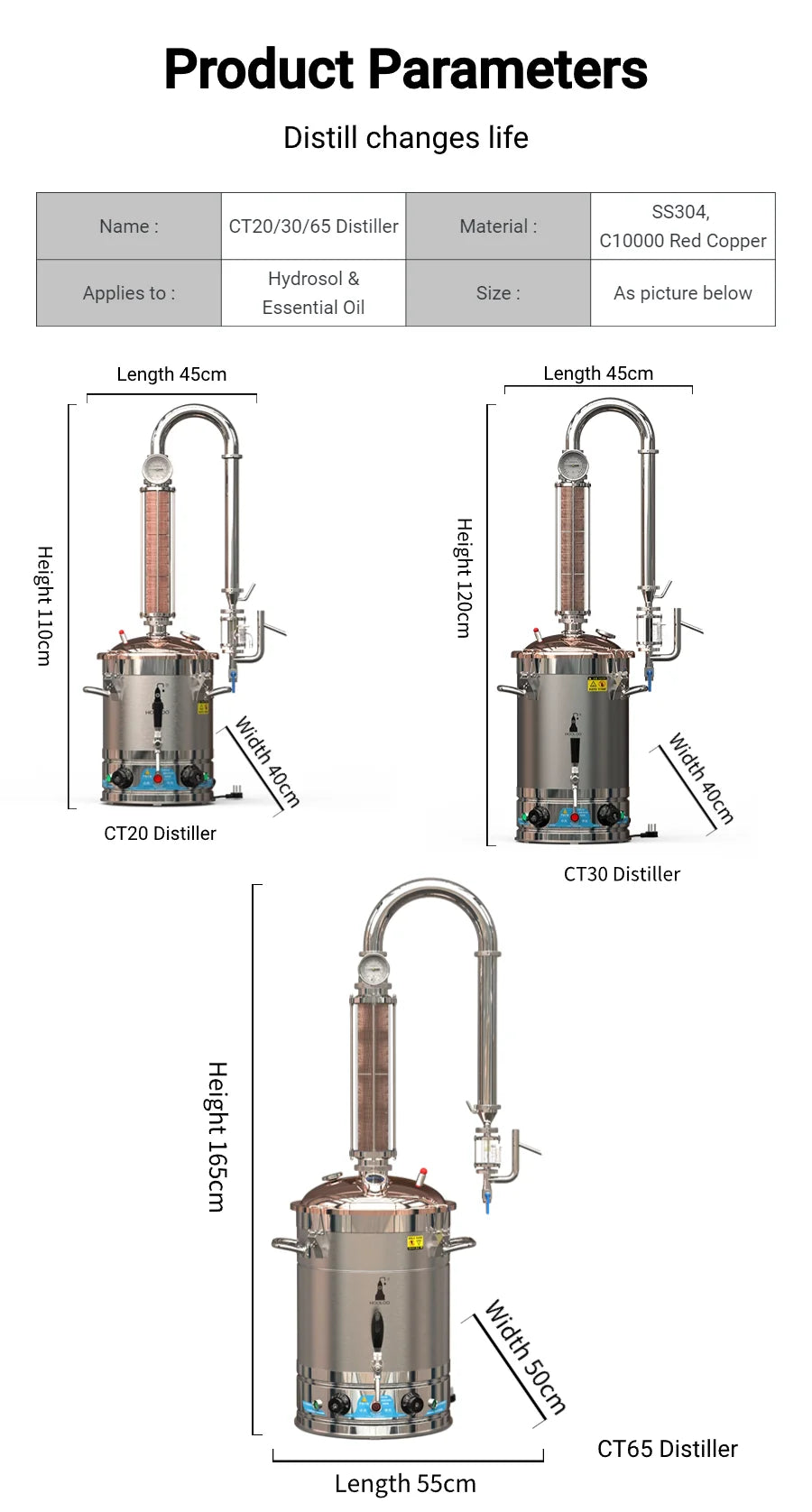 HOOLOO CT Distiller Electric Hydrolat Essential Oil Still Moonshine Still Copper lid Glass Copper Mesh Column Home Fragrance.