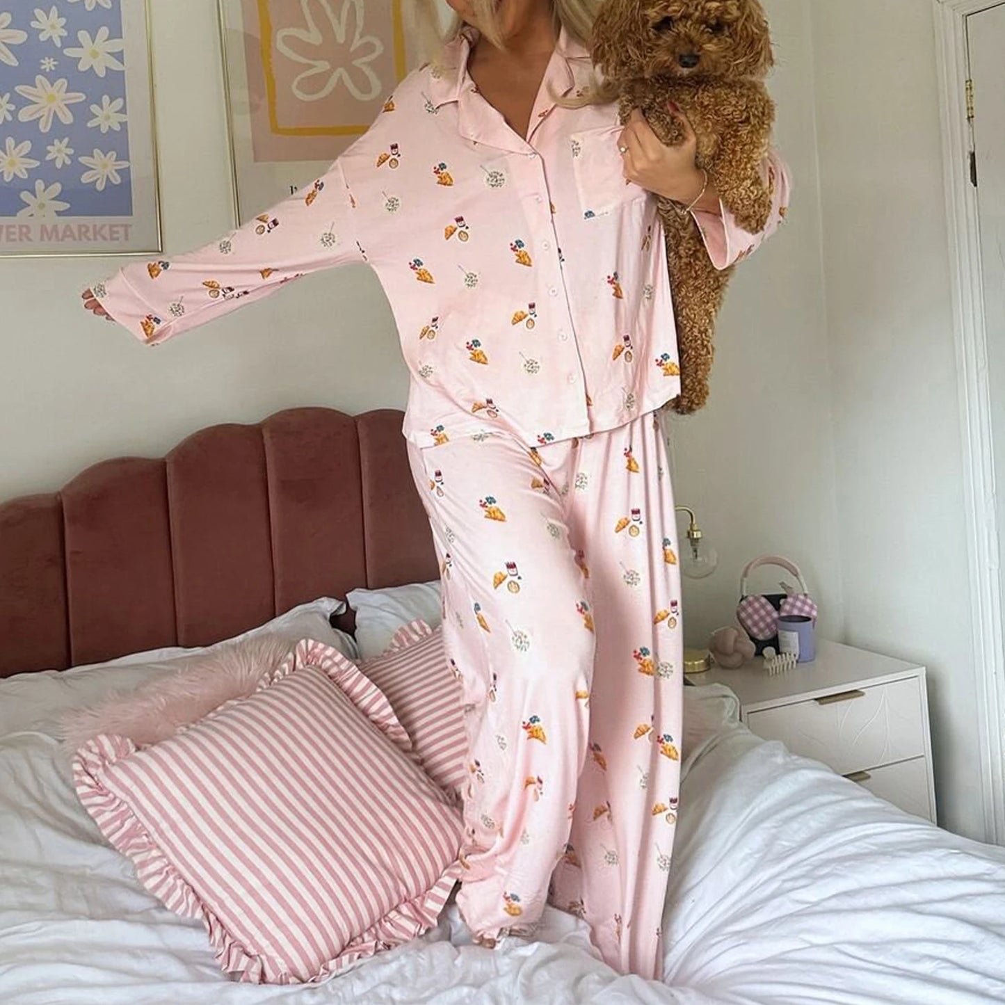 Maemukilabe Women Y2K Floral Pajama Set Long Sleeve Shirt and Pants Set Vintage 2 Piece Lounge Set Cute Bow Pjs Sleepwear.