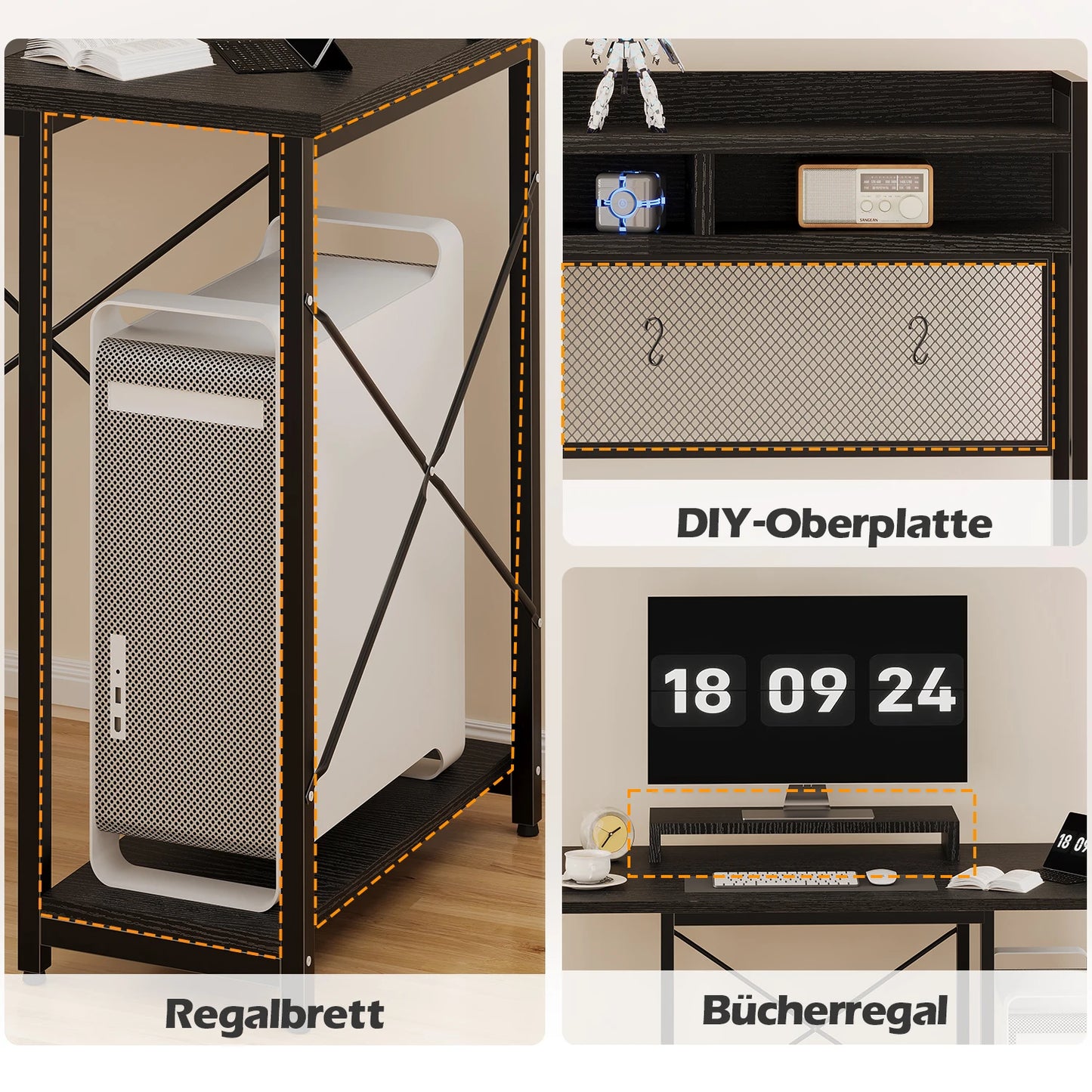 Devoko Gaming Tisch mit LED & Steckdosen,120x60 cm DIY-Stecktafel Schreibtisch mit Ablageregalen