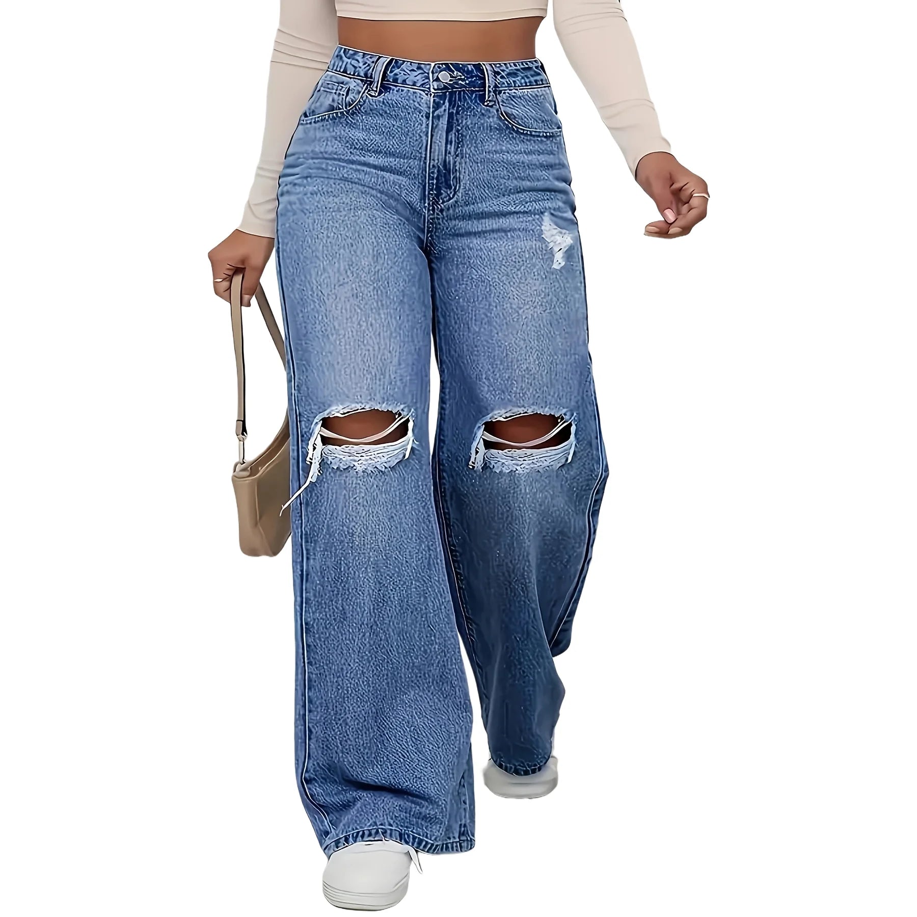 Women's High-Waisted Straight Leg Denim Jeans with Ripped Details, Casual and Fashionable Pants.