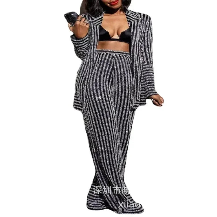Sexy Women Two Piece Sets Print Striped Slim Fit Full Sleeve Coats Office Ladies Knitted Floor Length Pants Set Temperament.