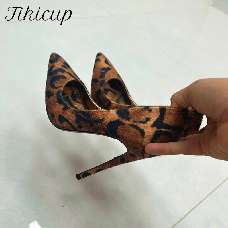 Tikicup Sexy 12cm 10cm Leopard Hairy Grafitti Women Pointy Toe High Heels Design Slip On Stiletto Pumps Party Shoes Plus Size.
