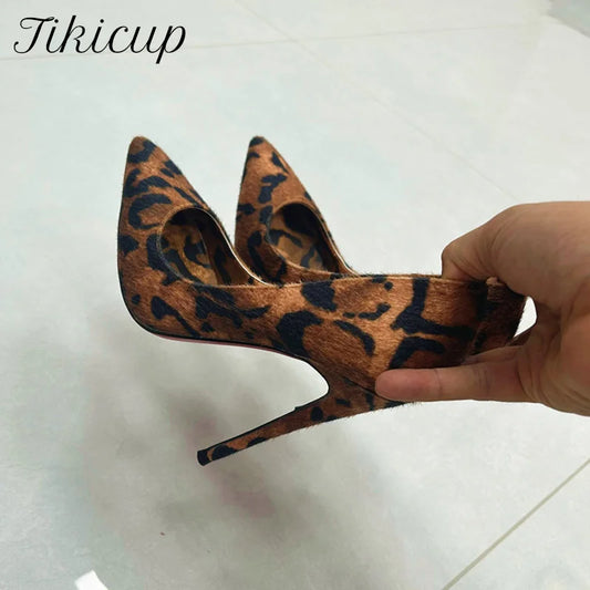 Tikicup Sexy 12cm 10cm Leopard Hairy Grafitti Women Pointy Toe High Heels Design Slip On Stiletto Pumps Party Shoes Plus Size.