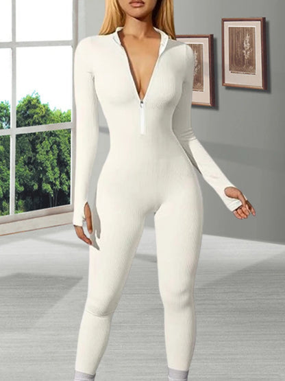 Woman Fall Tight Long Sleeved Zipped Slim-fitting Long Romper Female High Waist Solid Color Ribbed Sports Sexy Hot Girl Jumpsuit.
