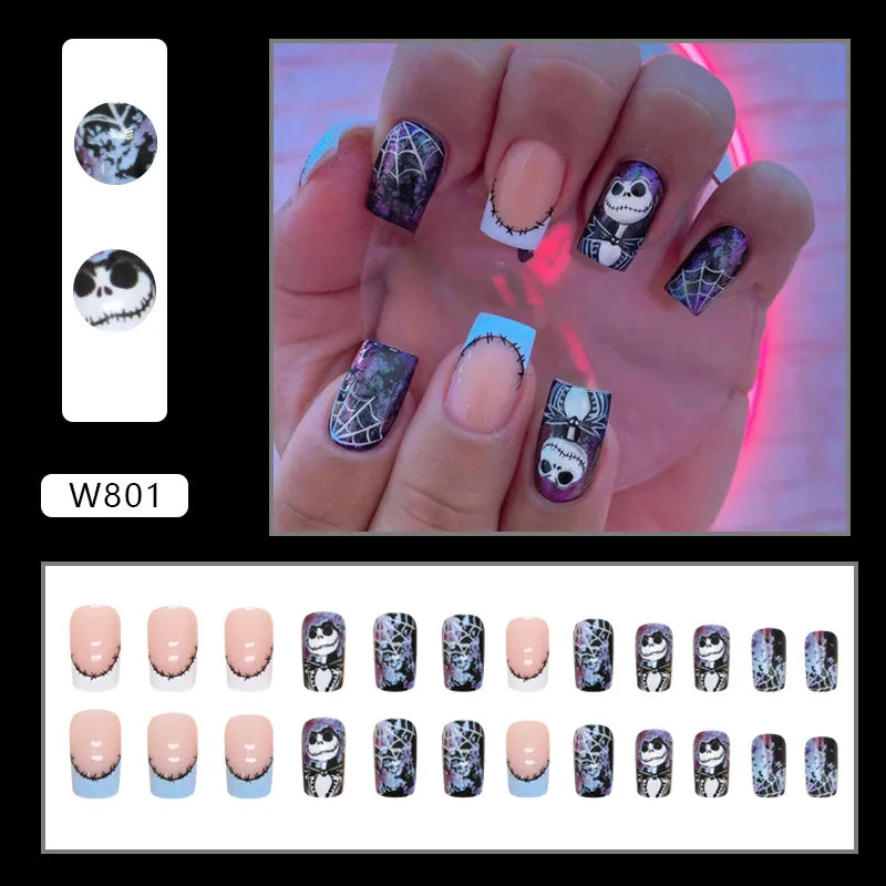 24pcs Fake Nails with Halloween Design Featuring Spider Webs and Ghosts To Create A Mysterious Holiday Atmosphere Press-on Nails.