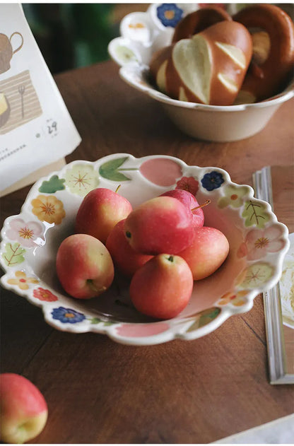 Floral Embossed Rim Soup Dessert Plate - Elegant Ceramic Appetizer Dish for Breakfast, Cafe Dining, Home Kitchen Tableware Set