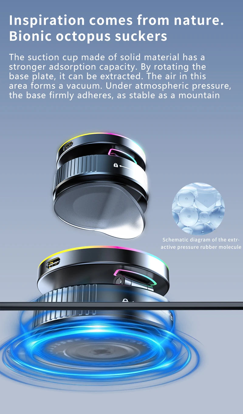 2025 New K3 Wireless Charger Car Phone Holder Colorful Light Vacuum Suction Cup Charging Can 360° Rotate Foldable Phone Holder.