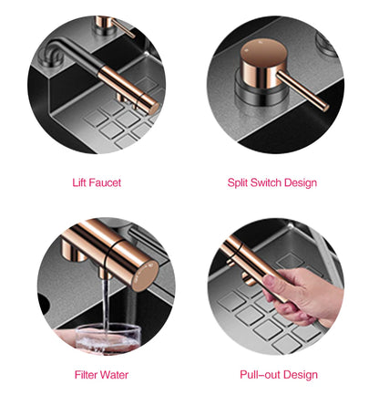 ASRAS Nanometer Black Flip Cover Hidden kitchen Sink 304 Stainless Steel 4mm Thickness Handmade Stepped Sinks Cup Rinser Sinks