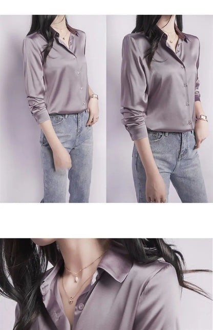 Spring Summer Casual Women's Satin Shirt Lapel Long Sleeve Blouse Loose Solid Color Office Lady Fashion Shirts Top.