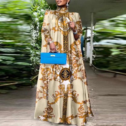 Plus Size 5XL VONDA Women Party Sundress Bohemian Stand Collar Sleeveless Print Maxi Dress Casual Bat Sleeve Satin Long Vestidos.