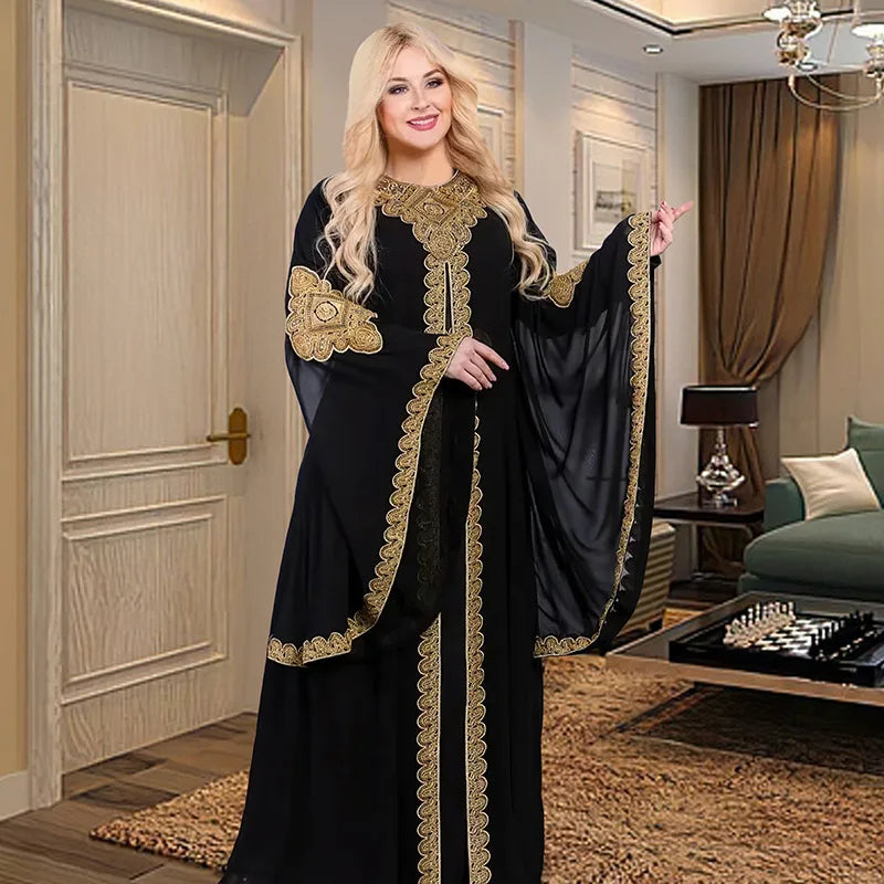 Partykleider für Frauen, Abaya, muslimischer Kaftan, 2-teiliges Set, Eid-Flare-Ärmel, Robe, bestickt, goldene Spitzenkleid, Anzug, Jalabiya Ramadan.