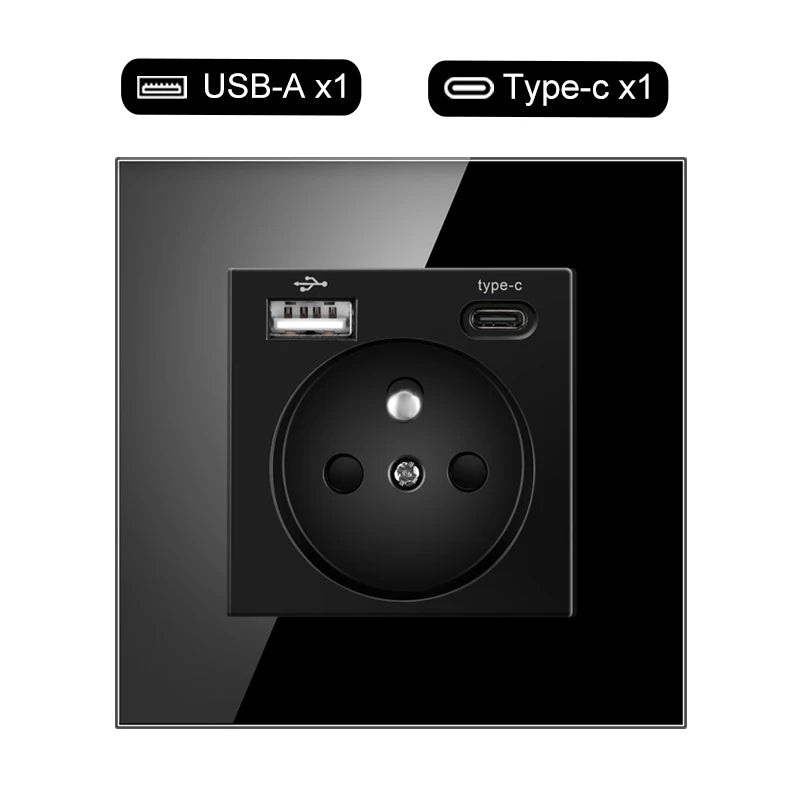 JHJCH Touch Lichtschalter Frankreich Steckdosen USB C Telefon Ladung Kristallglas 1/2/3Gang Wandschalter Doppelsteckdosen Schwarz