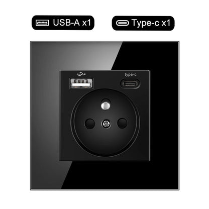 JHJCH Touch Lichtschalter Frankreich Steckdosen USB C Telefon Ladung Kristallglas 1/2/3Gang Wandschalter Doppelsteckdosen Schwarz
