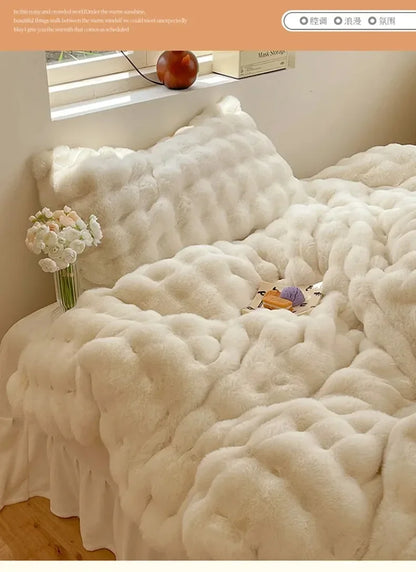 4pcs Grey Rabbit Fur Bedding Set Thick Milk Plush Winter Duvet Cover Warm Bed Sheets, Queen Size Four Piece Set  Bedroom Decor.