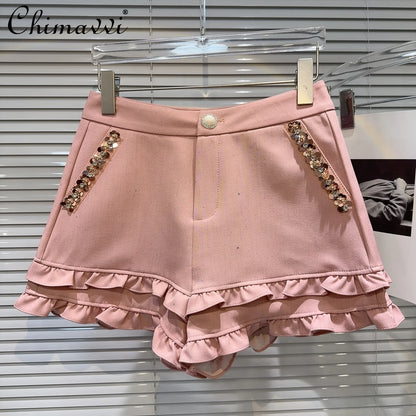 2025 Summer Clothes New Fashion Sequined Beaded Fungus Edge Pants Three-point Shorts Sweet Girls Temperament Short Pants Women.