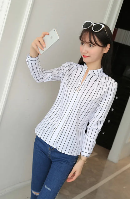 Stripe Women Blouse Fashion Standing Collar Women's Shirt Long Sleeved Shirts and Blouses Printing Ladies Tops Basic Womens Tops
