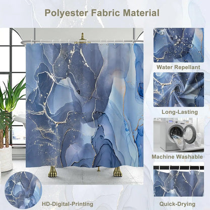 Duschvorhang aus blauem Marmor, blaues, modernes, luxuriöses, abstraktes Duschvorhang-Set für Badezimmer, Badvorhang aus Stoff mit Haken