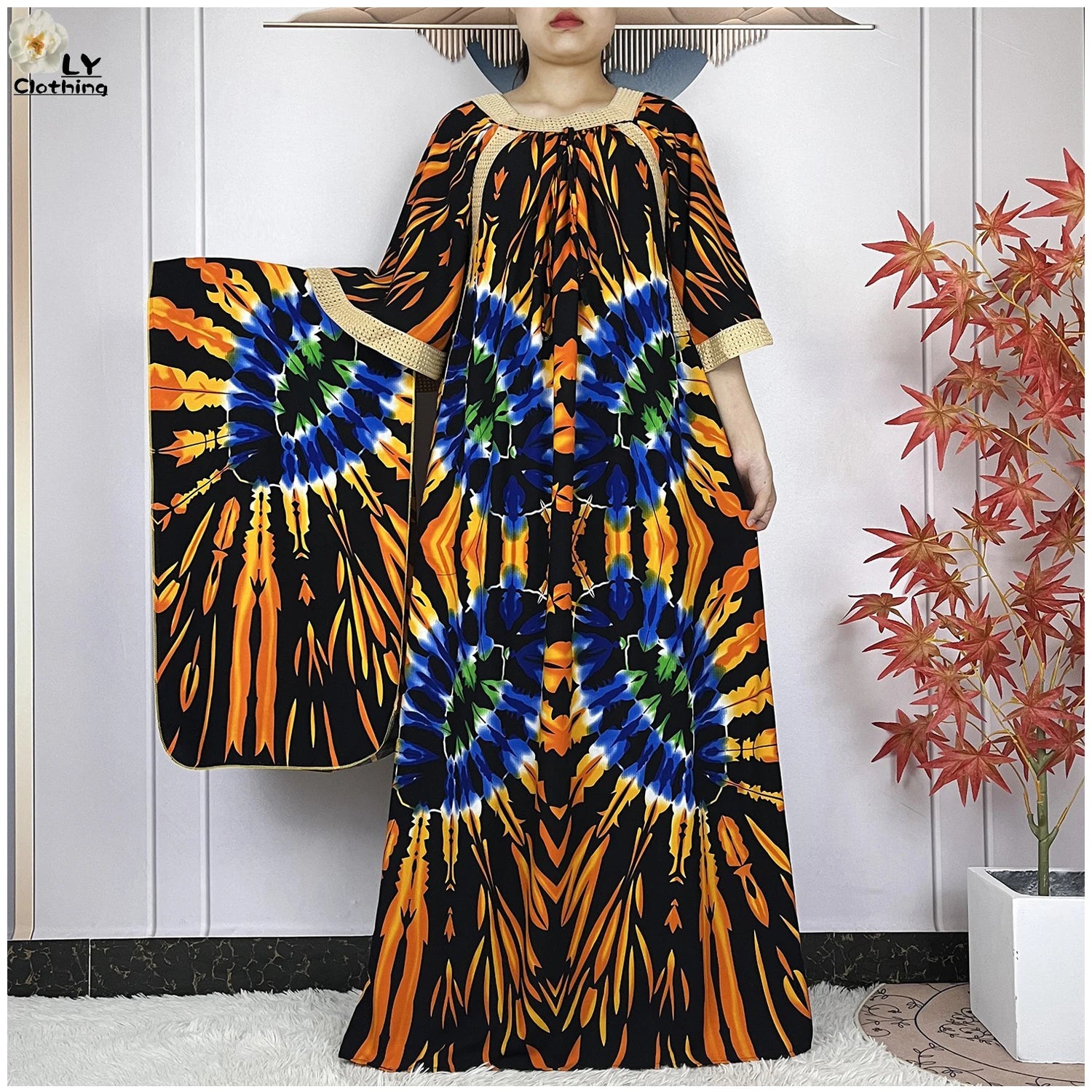 New Muslim Dress Woman Short Sleeve Dashiki African Abaya Tie-dyed Printing Cotton Loose Femme Robe Islamic Dresses With Scarf.