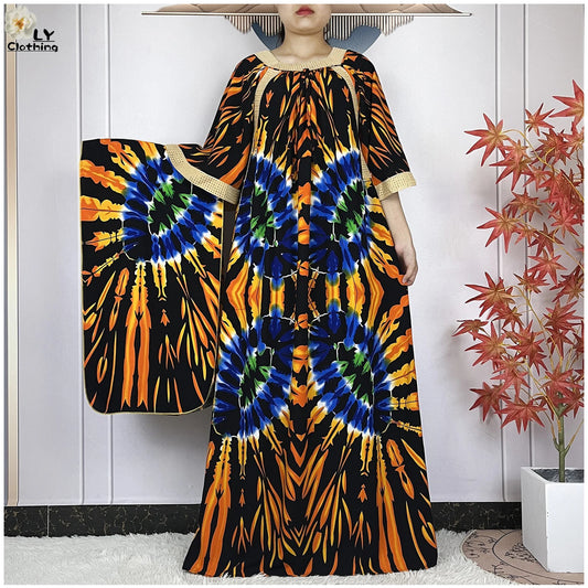 New Muslim Dress Woman Short Sleeve Dashiki African Abaya Tie-dyed Printing Cotton Loose Femme Robe Islamic Dresses With Scarf.