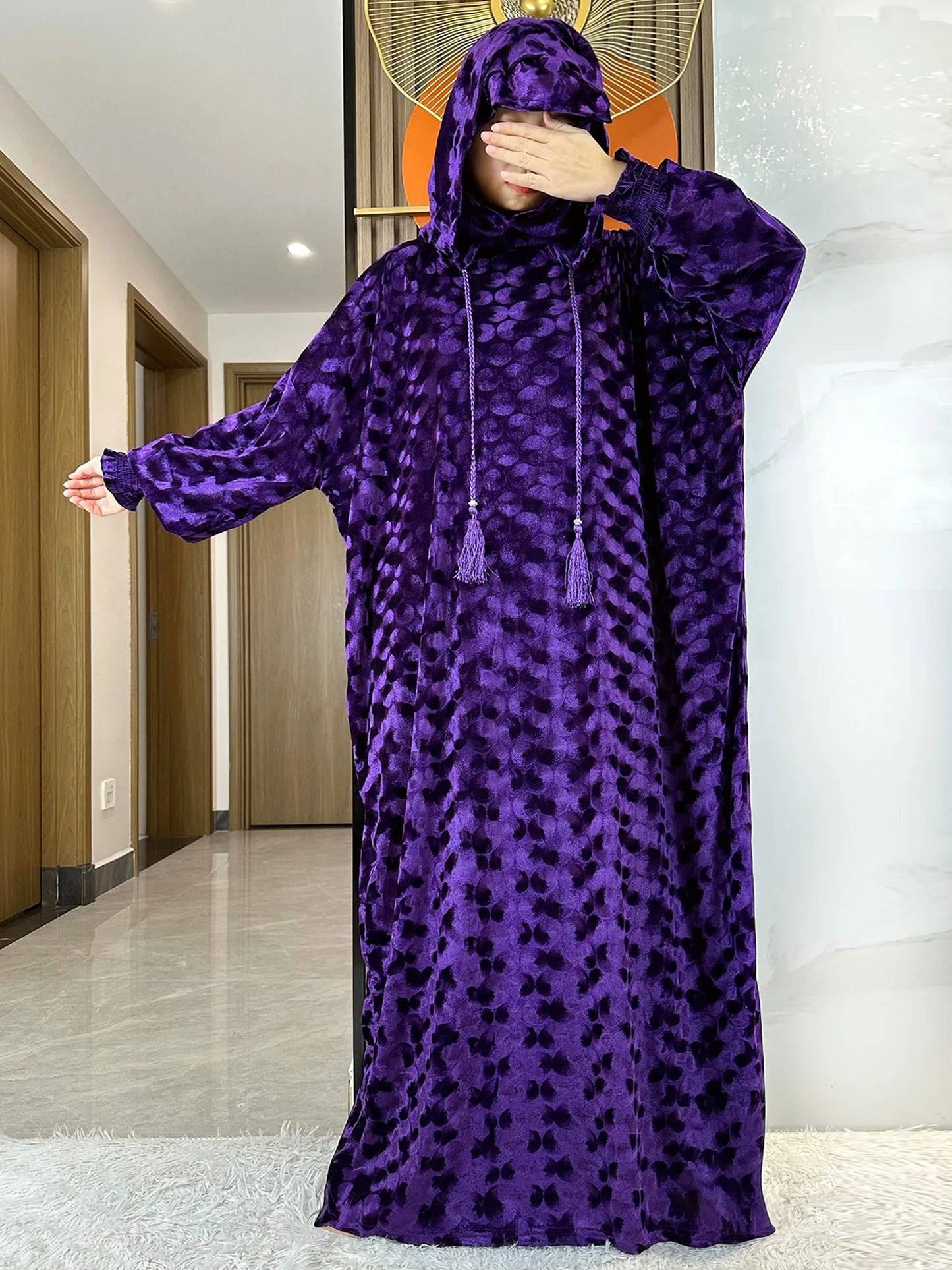 High Quality Velvet Fabric 2025 Ramadan Muslim Lady's Abaya Two-Hats Dubai Turkey Style Islamic Prayer Clothing Kaftan Dress.