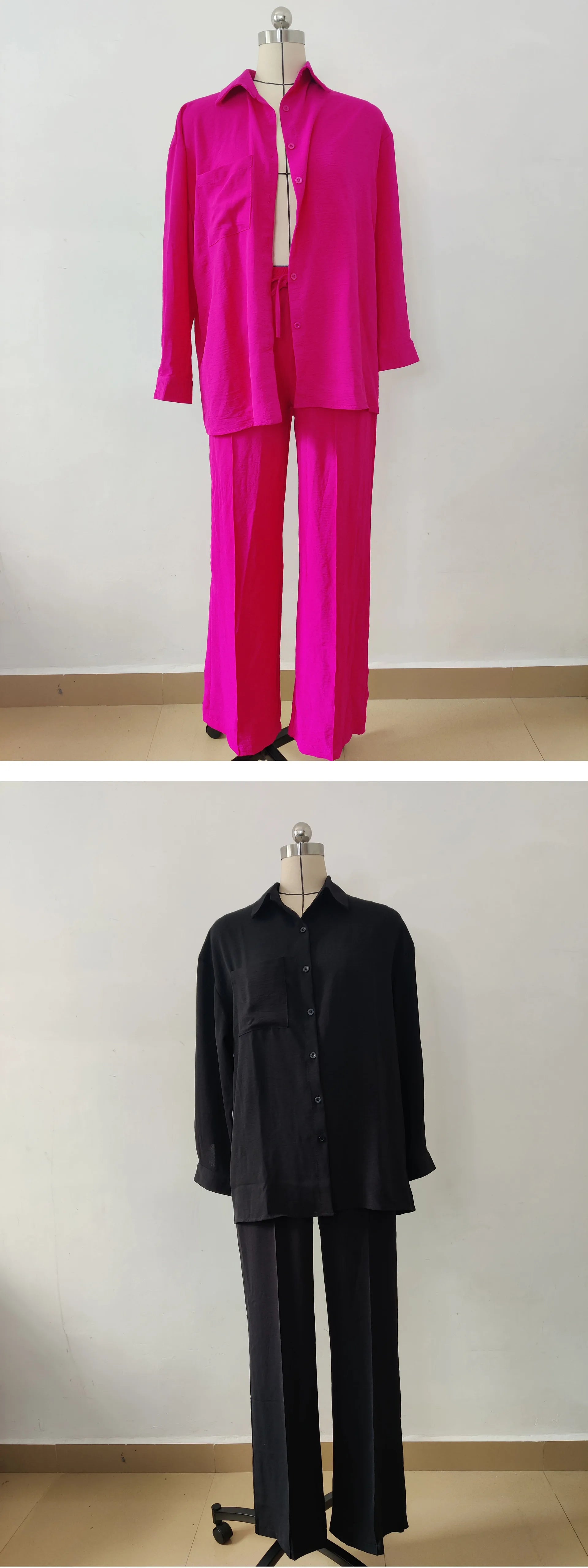 New Autumn Red Women Casual Two-piece Set, Features A Thin Long-sleeved Lapel Shirt Paired with Matching Drawstring Trousers..