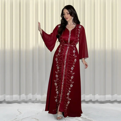 Autumn Fashion Muslim Dresses for Women Muslim Long Sleeve V-neck Party Evening Long Abay Dress Suit Inner and Abaya Outfits.