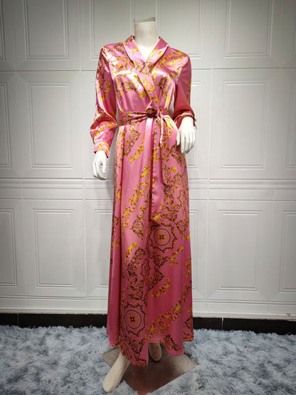 Frühling Muslimische Frauen Kleid Seide Marokkanischen Kaftan Langarm Türkei Dubai Spitze-up Abaya Islamische Kleidung Vestido Indien Kleider 2022