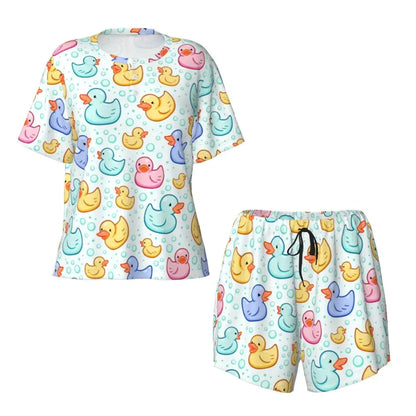 Benutzerdefinierte Frauen Gelb Klassische Gummi Ente Pyjamas Set Gedruckt Zwei-stück Pj Sets Kurzarm Nachtwäsche Loungewear