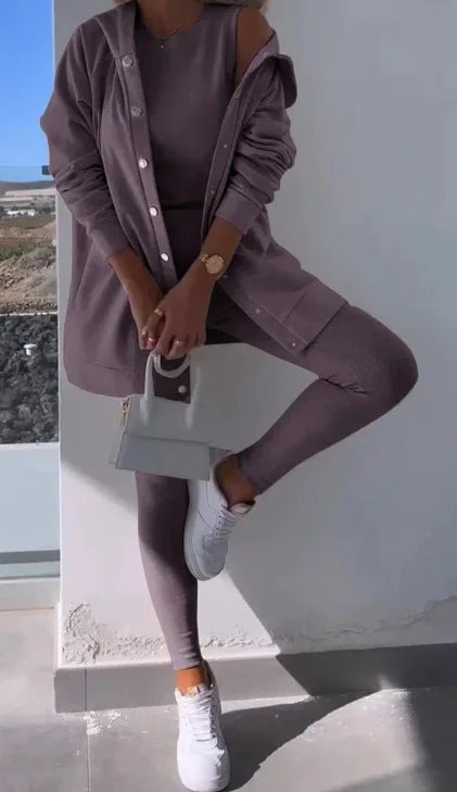 Women 3pcs Clothes Set Solid Color Sports Singel Breasted Shirt Jacket & Sleeveless Cami Tank Top & Slim Skinny Pants.