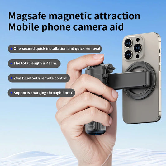 Magnetic Phone Holder 360° Rotation Pocket Selfie Stick With Bluetooth Remote Adjustable Desktop Stand for Live Streaming.