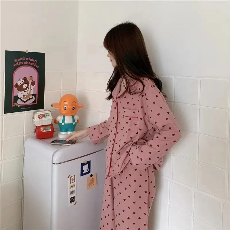M-XXL Large Size Nightwear Women Sleepwear Autumn and Winter Cardigan Home Wear Peach Heart Long Sleeves School Silk Pajamas