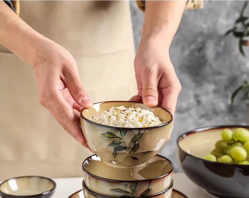 1Pc Vintage Bamboo Leaf Ceramic Bowl Salad Plate Exquisite Ceramic Cutlery Household Noodle Bowl Western Steak Cake Sushi Plate.