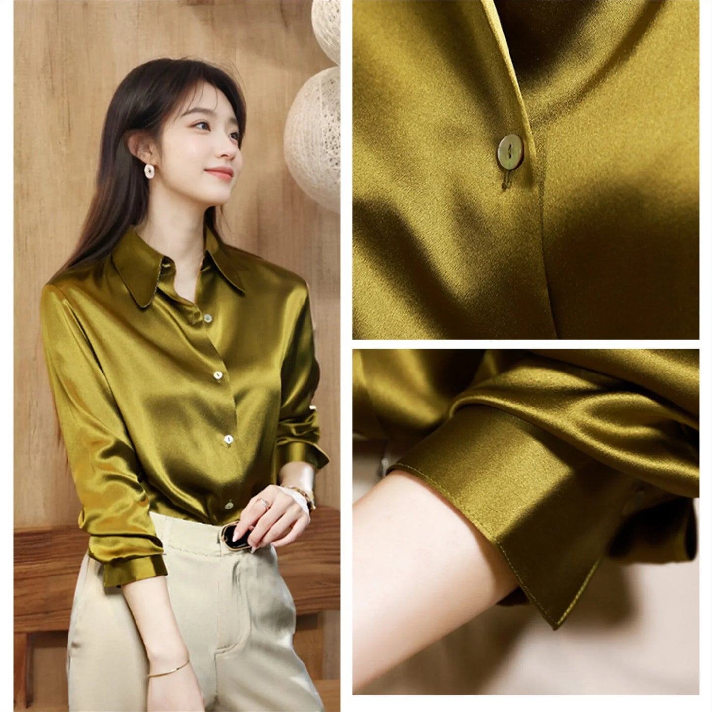 High Quality Silkly Satin Women's Shirt Office Ladies Long Sleeve Blouses Polo Neck Gold shirt Button Luxury Casual women tops.
