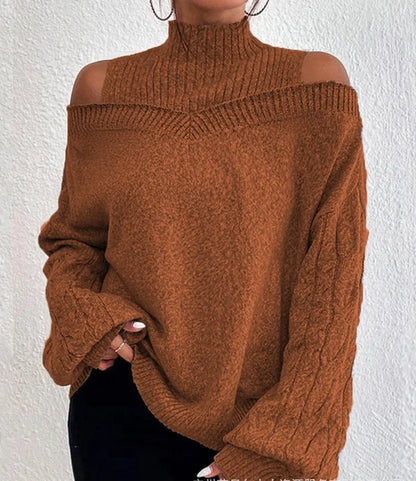 2025 Autumn Winter New Solid Knitting Off Shoulder Sweaters Elegant Office Lady Half High Collar Splice Loose Pullovers Sweater.