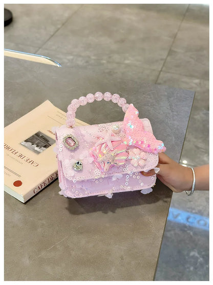 Lovely Sequin Girls Square Shoulder Bag Fish Tail Starfish Princess Crossbody Bags Bead Handle Children's Small Handbags Purse