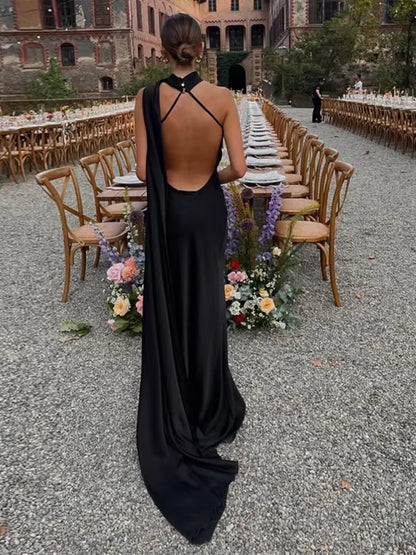 Band hängenden Hals lange Kleider schräg Schulter schnüren rücken frei seidig Satin Temperament Slim Fit Neck holder Frau Fischschwanz Kleid