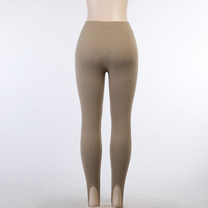 Beige Ribbed Knit Leggings Women High Waist Cotton Fitness Basic Pants Casual Spring New All-Match Female Skinny Leggings