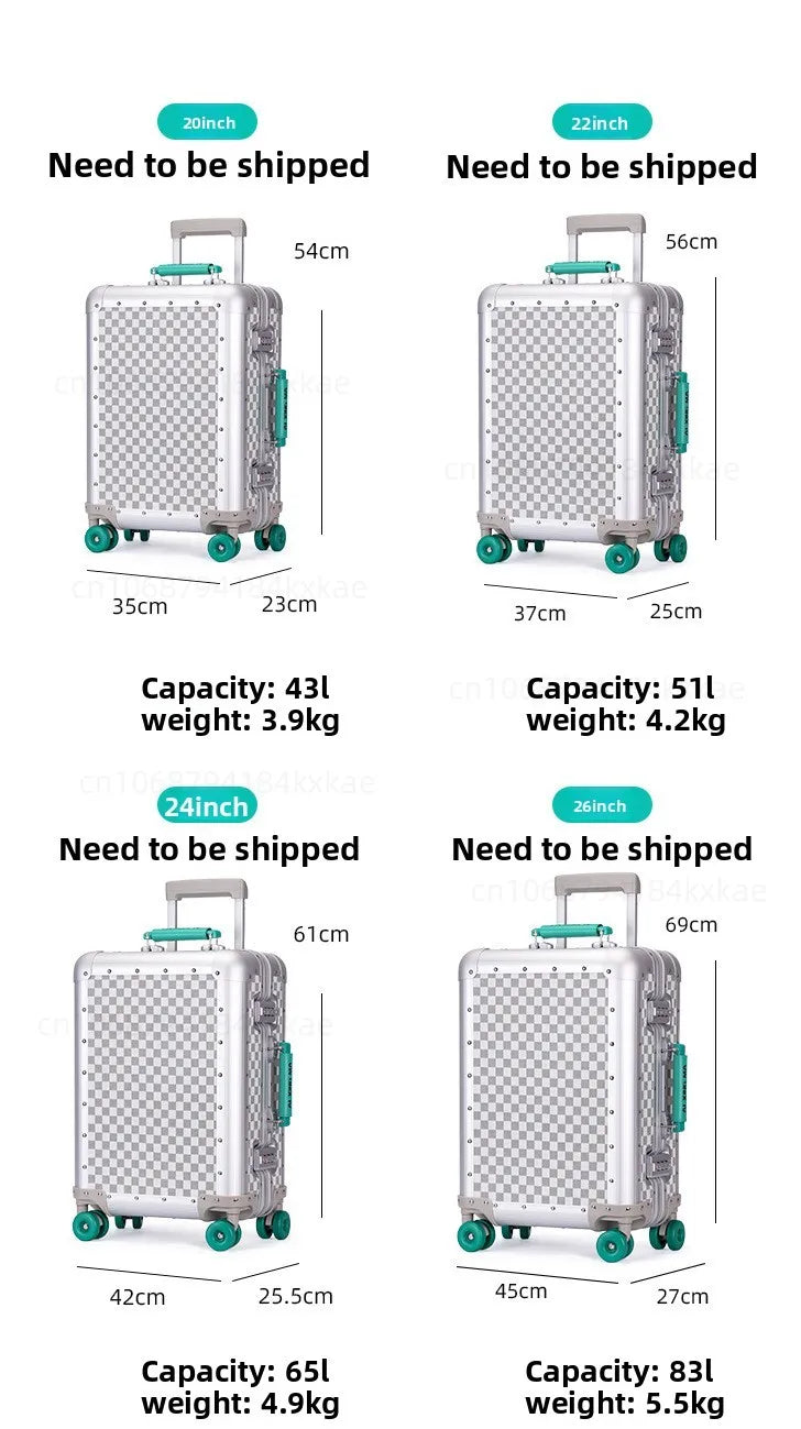 20-Zoll-Koffer aus Vollaluminium-Magnesiumlegierung mit großem Fassungsvermögen, Rollgepäckkoffer, Geschäftsreisekoffer auf Rädern.