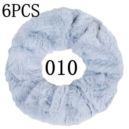 6pc Hair Scrunchies Furry Elastic Band Women Girl Ponytail Holder Rubber Ties Accessories Plush Faux Fur Soft Chiffon Headband.